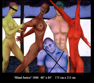 "Blind Justice" painting by collaborative artists Ira and Corliss Lesser